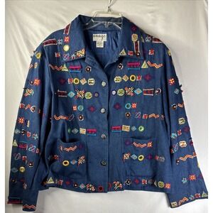Anage Denim Jacket Womens M Embroidered Beaded Geometric Boho 90s Vintage